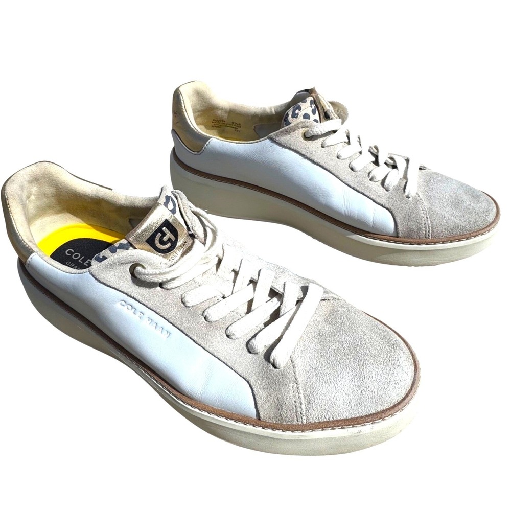 Cole Haan GrandPro Rally Sneaker Women 9.5 Leather Suede‎ White Gold Leopard